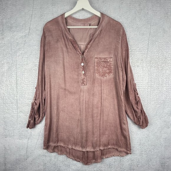 Hi-Lo Blouse Women Size Medium V-Neck Roll Up Sleeves Italy Flowy‎ Sequins Pink - Picture 5 of 16